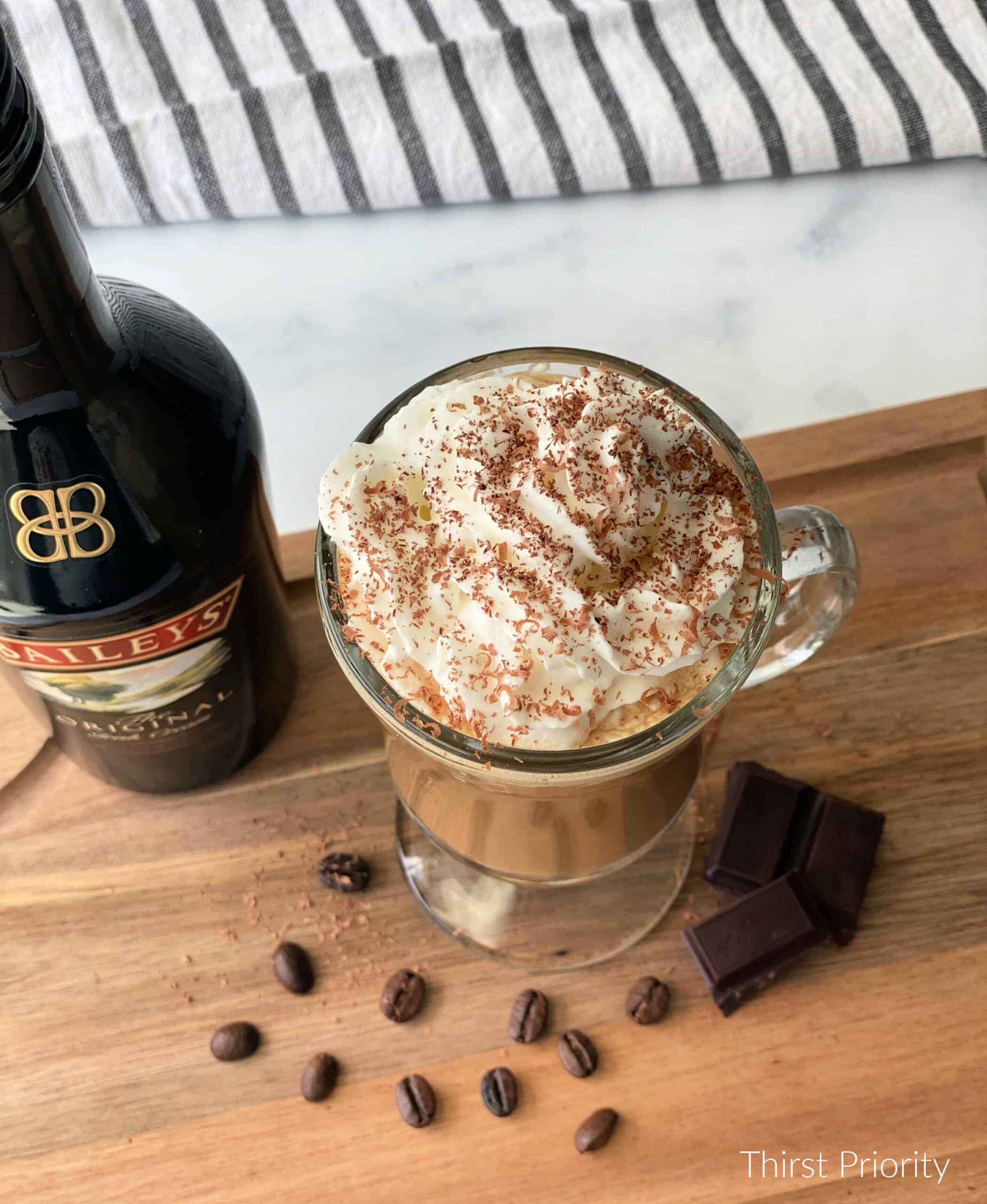 Irish cream hot Coffee Recipe with whipped cream and chocolate 